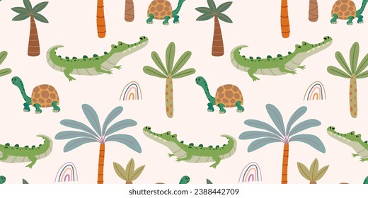 Seamless jungle pattern with crocodile and turtle. Vector seamless texture.