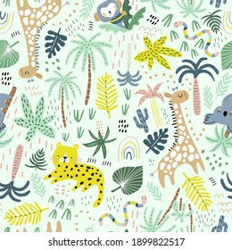 Seamless jungle pattern with cute hand drawn animals and tropical elements. Creative kids design for fabric, wrapping, textile, wallpaper, apparel. Vector illustration