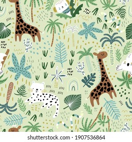 Seamless Jungle Pattern With Cute Hand Drawn Animals And Tropical Elements. Creative Kids Design For Fabric, Wrapping, Textile, Wallpaper, Apparel. Vector Illustration