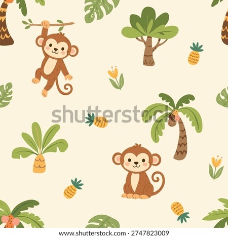 Seamless jungle pattern with cute hand drawn animals and tropical elements. Creative kids design for fabric, wrapping, textile, wallpaper, apparel. Vector illustration