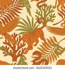 Seamless jungle pattern featuring tigers, leopards, snakes, parrots, and tropical foliage in earthy tones. Perfect for wild nature-themed projects and fabric prints.