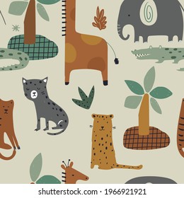 Seamless jungle pattern with funny animals: giraffe, elephant. tiger, leopard, crocodile  Hand drawn vector illustration. Creative kids for fabric, wrapping, textile, wallpaper, apparel. 