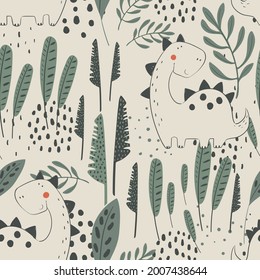 Seamless jungle pattern with funny Dino and tropical elements. Hand drawn vector illustration. Creative kids for fabric, wrapping, textile, wallpaper, apparel. Vector illustration