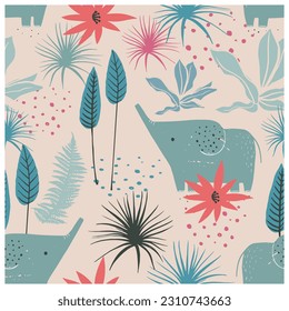 Seamless jungle pattern with funny Elephants and tropical elements. Hand drawn vector illustration. Creative kids for fabric, wrapping, textile, wallpaper, apparel. Vector illustration