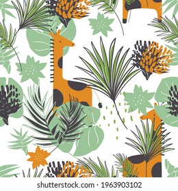 Seamless jungle pattern with funny giraffes and tropical elements. Hand drawn vector illustration. Creative kids for fabric, wrapping, textile, wallpaper, apparel. Vector illustration