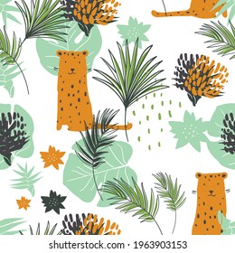 Seamless jungle pattern with funny leopards and tropical elements. Hand drawn vector illustration. Creative kids for fabric, wrapping, textile, wallpaper, apparel. Vector illustration