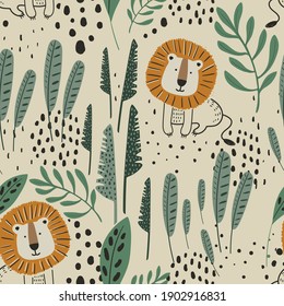 Seamless jungle pattern with funny lions and tropical elements. Hand drawn vector illustration. Creative kids for fabric, wrapping, textile, wallpaper, apparel. Vector illustration