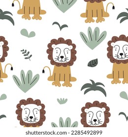 Patrón de selva sin foco con leones divertidos y elementos tropicales. Ilustración vectorial dibujada a mano. Niños creativos para tela, envoltura, textil, papel pintado, vestimenta. Ilustración del vector