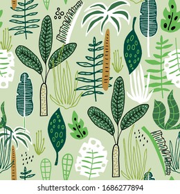 Seamless jungle pattern with hand drawn palm leaves and jungle floral. Perfect for fabric,textile. Creative Vector background
