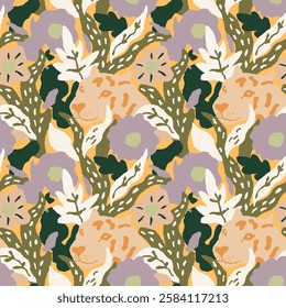 Seamless Jungle Pattern with Leopards and Tropical Leaves in Pastel Colors. Vector Illustration.