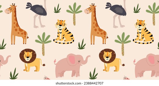 Seamless jungle pattern with lion, tiger, elephant and octrich.  Vector seamless texture.