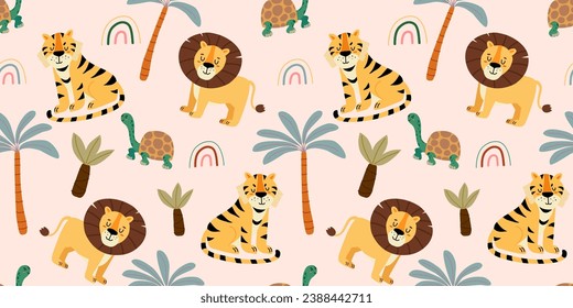 Seamless jungle pattern with lion, tiger and turtle. Vector seamless texture.