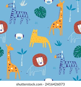 Sello de selva sin foco con leones, jirafa, cebra, leopardo y elementos tropicales. Niños creativos para tela, envoltura, textil, papel pintado, vestimenta. Ilustración del vector