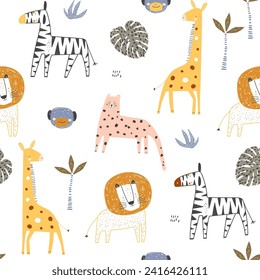 Seamless jungle pattern with lions, giraffe, zebra, leopard and tropical elements. Creative cartoon for fabric, wrapping, textile, wallpaper, apparel. Vector illustration