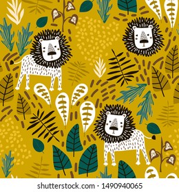 Selva sin selva con leones y elementos tropicales. Niños creativos para tela, envoltura, textil, papel pintado, ropa. Ilustración del vector