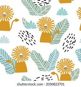 Patrón de selva sin foco con leones y elementos tropicales. Niños creativos para tela, envoltura, textil, papel pintado, vestimenta. Ilustración del vector