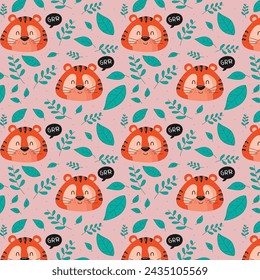 Seamless jungle pattern with lions and tropical elements. Creative kids for fabric, wrapping, textile, wallpaper, apparel. Vector illustration