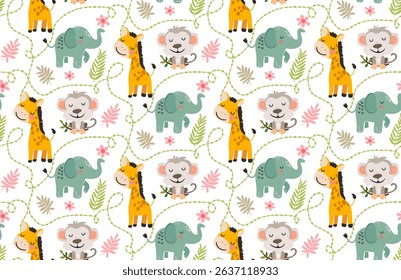 Seamless jungle pattern with monkeys, giraffes and elephants among tropical flowers and green leaves, fun and gentle animal design for children’s decor. Vector illustration.