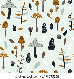 Selva sin soldadura con hongos y elementos florales. Textura creativa de otoño para tela, envoltura, textil, papel pintado, vestimenta. Ilustración del vector