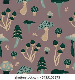 Seamless jungle pattern with mushrooms and floral elements. Creative autumn texture for fabric, wrapping, textile, wallpaper, apparel. Vector illustration