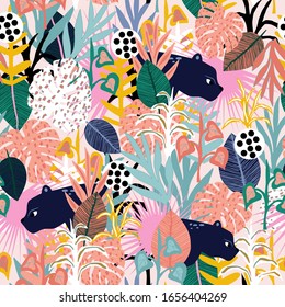 Seamless jungle pattern with panthers, colorful leaves, and hand drawn textures. Perfect for fabric,textile. Creative Vector background