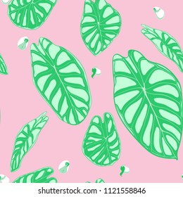 Seamless Jungle Pattern in Pastel Color Design. Vector Tropic Leaves in Watercolor Style. Background with Stylized Plants Alocasia. Exotic Foliage. Seamless Tropical Pattern for Cloth Design, Fabric.