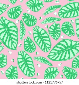 Seamless Jungle Pattern in Pastel Color Design. Vector Tropic Leaves in Watercolor Style. Background with Stylized Plants Alocasia. Exotic Foliage. Seamless Tropical Pattern for Cloth Design, Fabric.