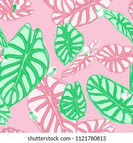 Seamless Jungle Pattern in Pastel Color Design. Vector Tropic Leaves in Watercolor Style. Background with Stylized Plants Alocasia. Exotic Foliage. Seamless Tropical Pattern for Cloth Design, Fabric.