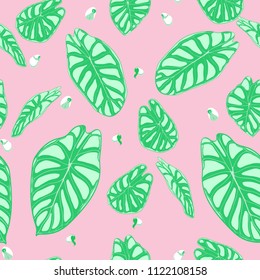 Seamless Jungle Pattern in Pastel Color Design. Vector Tropic Leaves in Watercolor Style. Background with Stylized Plants Alocasia. Exotic Foliage. Seamless Tropical Pattern for Cloth Design, Fabric.