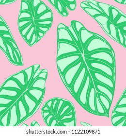 Seamless Jungle Pattern in Pastel Color Design. Vector Tropic Leaves in Watercolor Style. Background with Stylized Plants Alocasia. Exotic Foliage. Seamless Tropical Pattern for Cloth Design, Fabric.