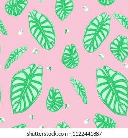 Seamless Jungle Pattern in Pastel Color Design. Vector Tropic Leaves in Watercolor Style. Background with Stylized Plants Alocasia. Exotic Foliage. Seamless Tropical Pattern for Cloth Design, Fabric.