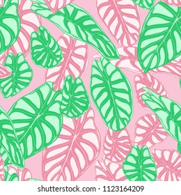 Seamless Jungle Pattern in Pastel Color Design. Vector Tropic Leaves in Watercolor Style. Background with Stylized Plants Alocasia. Exotic Foliage. Seamless Tropical Pattern for Cloth Design, Fabric.
