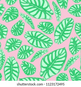 Seamless Jungle Pattern in Pastel Color Design. Vector Tropic Leaves in Watercolor Style. Background with Stylized Plants Alocasia. Exotic Foliage. Seamless Tropical Pattern for Cloth Design, Fabric.