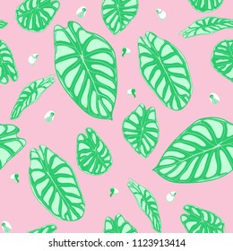 Seamless Jungle Pattern in Pastel Color Design. Vector Tropic Leaves in Watercolor Style. Background with Stylized Plants Alocasia. Exotic Foliage. Seamless Tropical Pattern for Cloth Design, Fabric.