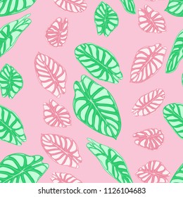 Seamless Jungle Pattern in Pastel Color Design. Vector Tropic Leaves in Watercolor Style. Background with Stylized Plants Alocasia. Exotic Foliage. Seamless Tropical Pattern for Cloth Design, Fabric.