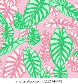 Seamless Jungle Pattern in Pastel Color Design. Vector Tropic Leaves in Watercolor Style. Background with Stylized Plants Alocasia. Exotic Foliage. Seamless Tropical Pattern for Cloth Design, Fabric.