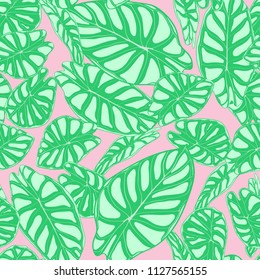 Seamless Jungle Pattern in Pastel Color Design. Vector Tropic Leaves in Watercolor Style. Background with Stylized Plants Alocasia. Exotic Foliage. Seamless Tropical Pattern for Cloth Design, Fabric.