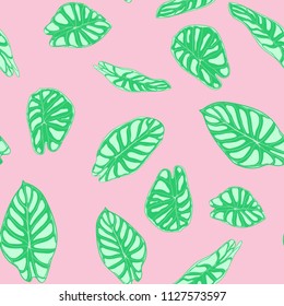 Seamless Jungle Pattern in Pastel Color Design. Vector Tropic Leaves in Watercolor Style. Background with Stylized Plants Alocasia. Exotic Foliage. Seamless Tropical Pattern for Cloth Design, Fabric.