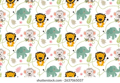 Seamless jungle pattern with playful lions, monkeys and elephants surrounded by flowers and tropical foliage, cute safari illustration for nursery decor. Vector illustration.