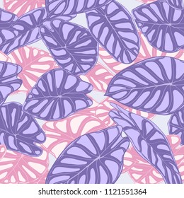 Seamless Jungle Pattern in Purple Color Design. Vector Tropic Leaves in Watercolor Style. Background with Stylized Plants Alocasia. Exotic Foliage. Seamless Tropical Pattern for Cloth Design, Fabric.