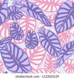 Seamless Jungle Pattern in Purple Color Design. Vector Tropic Leaves in Watercolor Style. Background with Stylized Plants Alocasia. Exotic Foliage. Seamless Tropical Pattern for Cloth Design, Fabric.