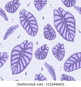 Seamless Jungle Pattern in Purple Color Design. Vector Tropic Leaves in Watercolor Style. Background with Stylized Plants Alocasia. Exotic Foliage. Seamless Tropical Pattern for Cloth Design, Fabric.