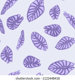 Seamless Jungle Pattern in Purple Color Design. Vector Tropic Leaves in Watercolor Style. Background with Stylized Plants Alocasia. Exotic Foliage. Seamless Tropical Pattern for Cloth Design, Fabric.