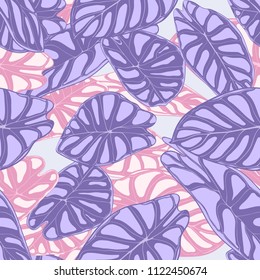 Seamless Jungle Pattern in Purple Color Design. Vector Tropic Leaves in Watercolor Style. Background with Stylized Plants Alocasia. Exotic Foliage. Seamless Tropical Pattern for Cloth Design, Fabric.