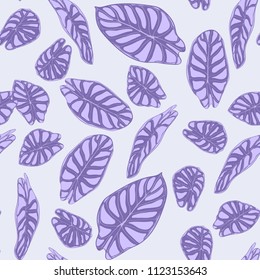 Seamless Jungle Pattern in Purple Color Design. Vector Tropic Leaves in Watercolor Style. Background with Stylized Plants Alocasia. Exotic Foliage. Seamless Tropical Pattern for Cloth Design, Fabric.