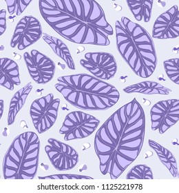 Seamless Jungle Pattern in Purple Color Design. Vector Tropic Leaves in Watercolor Style. Background with Stylized Plants Alocasia. Exotic Foliage. Seamless Tropical Pattern for Cloth Design, Fabric.