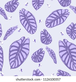 Seamless Jungle Pattern in Purple Color Design. Vector Tropic Leaves in Watercolor Style. Background with Stylized Plants Alocasia. Exotic Foliage. Seamless Tropical Pattern for Cloth Design, Fabric.