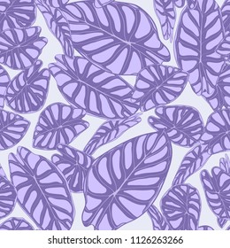 Seamless Jungle Pattern in Purple Color Design. Vector Tropic Leaves in Watercolor Style. Background with Stylized Plants Alocasia. Exotic Foliage. Seamless Tropical Pattern for Cloth Design, Fabric.