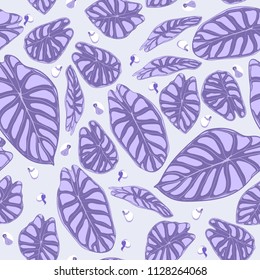 Seamless Jungle Pattern in Purple Color Design. Vector Tropic Leaves in Watercolor Style. Background with Stylized Plants Alocasia. Exotic Foliage. Seamless Tropical Pattern for Cloth Design, Fabric.