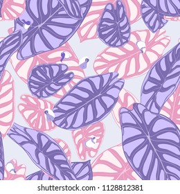 Seamless Jungle Pattern in Purple Color Design. Vector Tropic Leaves in Watercolor Style. Background with Stylized Plants Alocasia. Exotic Foliage. Seamless Tropical Pattern for Cloth Design, Fabric.